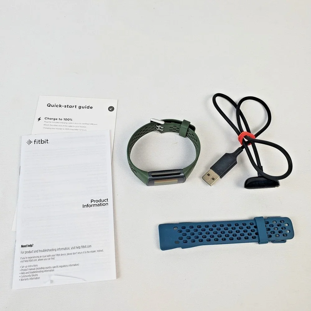 Fitbit Charge 5 Fitness Tracker Black Green w/ Cable, Extra Band, Guide